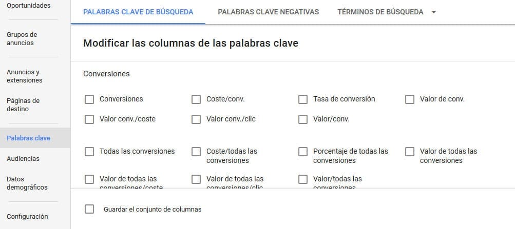 Personalizar Columnas Conversion